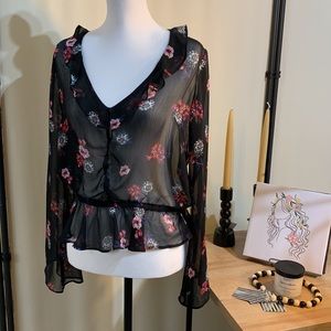 EXPRESS Sheer Black Floral Top Size Medium